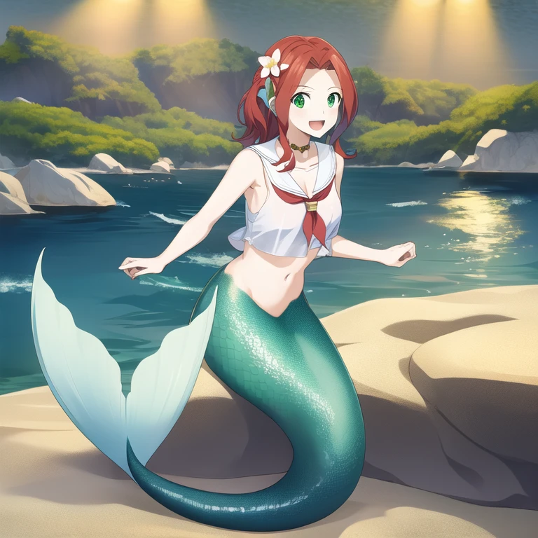 mermaid, mermaid tail below waistline, underwater, sea, fish, Malty S Melromarc, red hair, bangs, long hair, green eyes, (best quality, 8K, masterpiece, ultra detailed:1.2), dynamic pose, cinematic angle, light particles, sparkle, beautiful detailed eyes, shiny skin, shiny hair, 1girl, solo, smile, cute, happy, open mouth, sailor collar, :d, , serafuku, collarbone, hair flower, looking at viewer, 