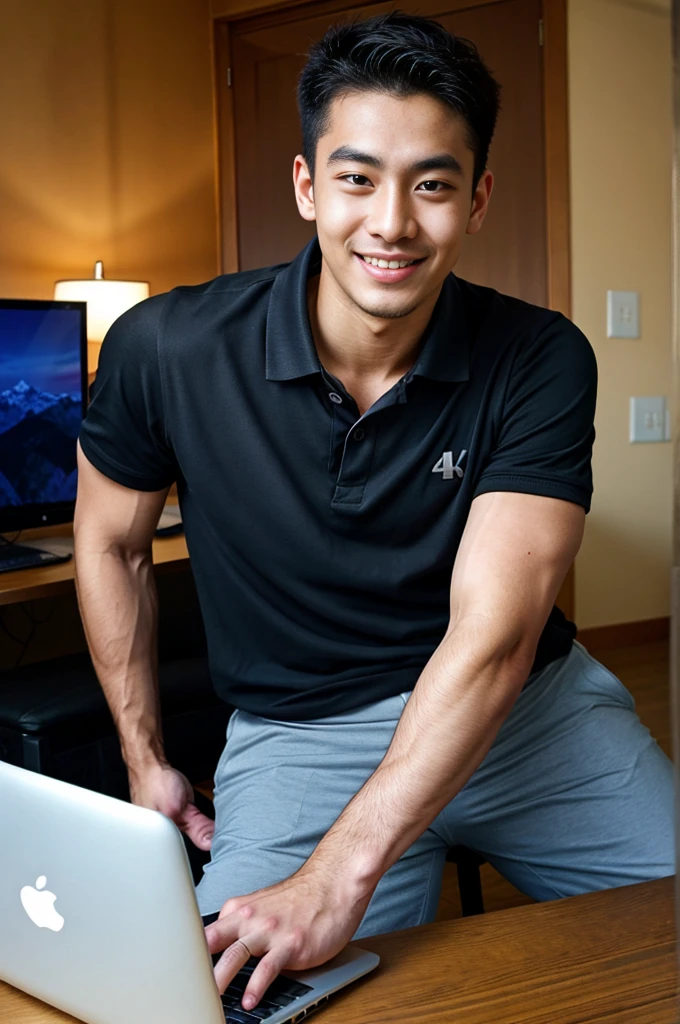 (best quality, 4K, 8k, high resolution, Masterpiece: 1.2), Special details, (realistically, As realistic as a photo, photo realistic: 1.37), Edge lighting, Extra detailed coloring, sharp focus, Physical rendering ,Extremely detailed description,professional,light color,Bokeh,Portrait,look at the viewer,
Young Asian man, 20 years old ,(Wearing a black polo shirt.), smile ,Computer room