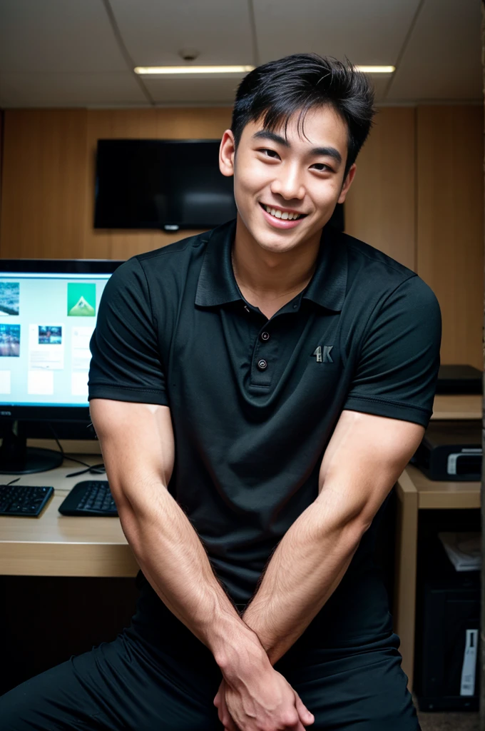 (best quality, 4K, 8k, high resolution, Masterpiece: 1.2), Special details, (realistically, As realistic as a photo, photo realistic: 1.37), Edge lighting, Extra detailed coloring, sharp focus, Physical rendering ,Extremely detailed description,professional,light color,Bokeh,Portrait,look at the viewer,
Young Asian man, 20 years old ,(Wearing a black polo shirt.), smile ,Computer room