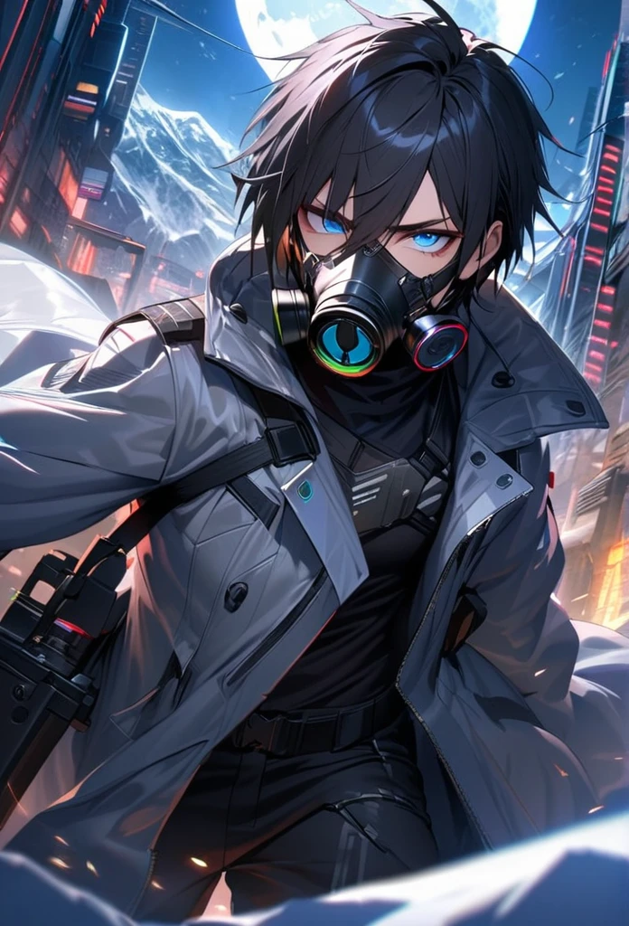 absurdres, highres, ultra detailed, HDR, master piece, best quality, extremely detailed face and eyes, black hair with short bangs, handsome,hair between the eyes, expressive blue eyes, solo, sexy man, handsome, 25
years old,silver coat, black pants, moon, Cyber Punk,gas mask,background snow mountain city,Man shooting automatic rifle, (muzzle explodes:1.2), (looks into sight), finely drawn automatic rifle, (turn towards the viewer), syncs body orientation and gaze, dynamic angle, serious expression, battle