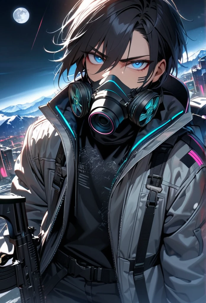 absurdres, highres, ultra detailed, HDR, master piece, best quality, extremely detailed face and eyes, black hair with short bangs, handsome,hair between the eyes, expressive blue eyes, solo, sexy man, handsome, 25
years old,silver coat, black pants, moon, Cyber Punk,gas mask,background snow mountain city,Man shooting automatic rifle, (muzzle explodes:1.2), (looks into sight), finely drawn automatic rifle, (turn towards the viewer), syncs body orientation and gaze, dynamic angle, serious expression, battle