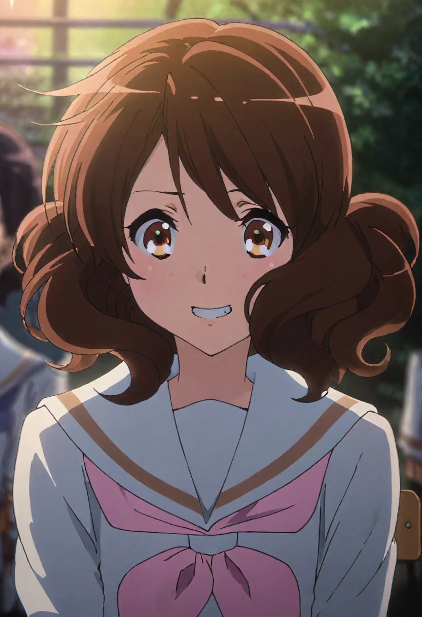 Oumae Kumiko,nsfw ,smile, Grin, break ,Staring at the audience,(masterpiece:1.2), Outdoor,garden､Sit on a bench､Embarrassed expression（One person） The upper body is a white sailor suit, The lower half of the body is a navy blue mini skirt　White panties（（I can see her panties））White socks　Take off your panties　Knee-length panties　 Dynamic Angle　Low Angle､Soft thighs､Highest quality, (Beautiful attention to detail:1.6), Highly detailed face, Perfect lighting,Low - Angle､whole body､