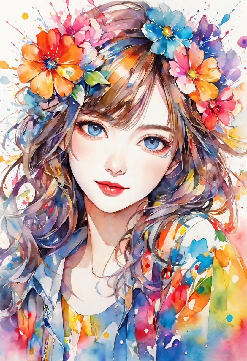 beautiful woman portrait, cute smile, Sylvia Pelissero watercolors, colorful flowers, beautiful eyes, upper body, abstract art, intense watercolor, watercolor detailed art, watercolor splash, surreal, avant-garde pop art, Beautiful and expressive paintings, Beautiful artwork illustration, very colorful tones, wonderful, cool beauty, highest quality, official art, women only, sharp outline, best shot, vector art, lips in love、 (((The strongest beautiful women of all time))), (((Japanese)))、clear, (((highest quality))), lips in love, HDR, ((Detailed details)), stylish fashion, detailed clothing texture, (((graffiti art))), colorful hair, ((masterpiece))、((Super detailed))