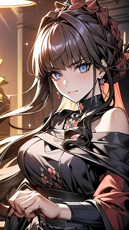 (((Masterpiece))),(((Super Detail))),(((in 8K))),(((best composition))),(((Rim lighting,Fireglow effect,deep shadow))),solo),Beautiful fingers,Detailed finger features,(Detailed hair features:1.7),(Dynamic and sexy bending pose:1.3),detailed facial features,detailed clothes features, (perky chest:1.1), (pointed chest:1.3), delicate beautiful face, Bright blue eyes, cute eyes, sparkling eyes, Big eyes, beautiful detailed eyes,double bun with glittering hair ornament:0.6,(super detailed glossy skin:1.3),slender body,goddess smile,((with sparkling eyes and a contagious smile)),beautiful posture,silver bronde hair, blue eyes, dress, bare shoulders,collarbone, sidelocks, hairband, earrings with jewelry, off shoulder sweater dress, arms behind back:0.4, air plant, long hair with long locks, gold hairband, off-shoulder dress, sweater dress, off-shoulder sweater, red sweater, big side hair, very long side hair,(super delicate floral pattern:1.2),seductive cleavage:1.3,beautiful glossy legs,shiny red high heels,lifting dishes with cup of a coffee,french restaurant,hustle and bustle,rising steam,(((depth of fields)))
