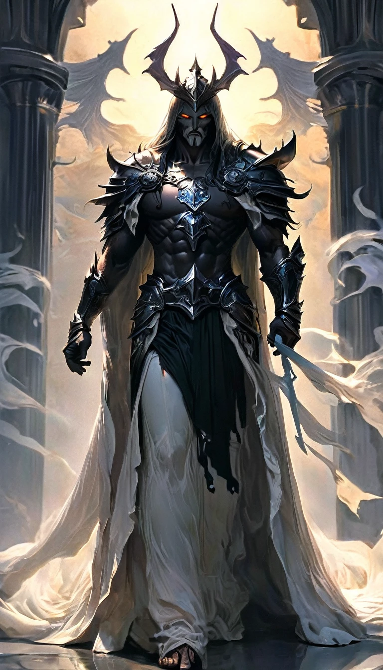 Hades, Somber expression
Beard
Helmet
Crown
Dark robe
Heavy boots
Ancient armor
Pale skin
Shadowy presence
Deep-set eyes