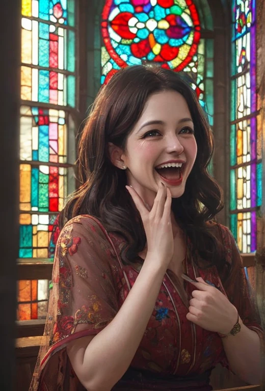 A woman laughing out loud, stained glass painting, beautiful detailed face, colorful, intricate glass patterns, shimmering lighting, vibrant colors, masterpiece, photorealistic, 8k, ultra-detailed, sharp focus, physically-based rendering