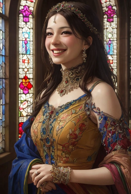 A woman laughing out loud, stained glass painting, beautiful detailed face, colorful, intricate glass patterns, shimmering lighting, vibrant colors, masterpiece, photorealistic, 8k, ultra-detailed, sharp focus, physically-based rendering