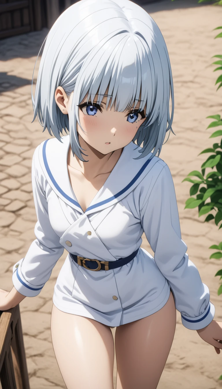 (Highest quality、Masterpiece、Very detailed、4K)、One Woman、************、Silver Hair、short hair、(((beta)))、chest、arm、Beautiful face、Thighs、