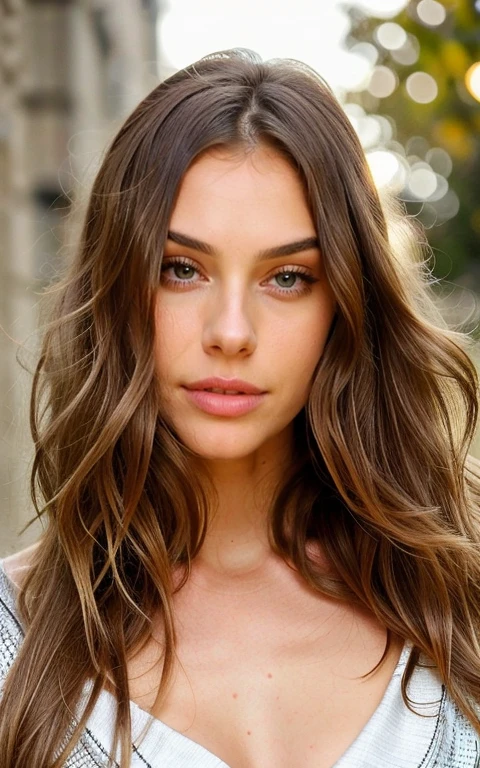 femme brune aux cheveux court en robe noire, portrait de Cassandra Julia , light brown medium long wavy hair, aux lo coiffure mi-chignon, longs cheveux blonds et grands yeux, 25 ans, Long and wavy blonde hair, brunette with dyed blonde hair, une fille aux cheveux blonds, Yellow theme wavy hair,realistic, closeup headshot, Regarder devant la caméra,only the face