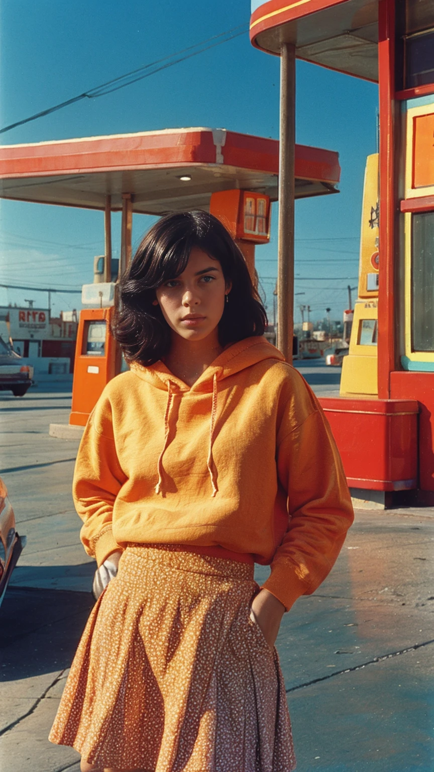 photo cinematic photograph long shot portraits by Wes Anderson, cute 23 yo girl ,fokus, bokeh ,wear ((orange oversized_hoodie)), wear ((purple tennis skirt)),looking front,Best Quality,Masterpiece,Ultra High Resolution,(Realisticity:1.4),Original Photo, 1Girl, light leak,ultra high resolution,UHD,beautiful, (black bob hair), almond eye, no makeup, in front of ((80's colorful los angles gas station)), (realistic:1.2), (surreal:1.3), (very detailed:1.1), ((masterpiece)),summer, blue sky, palm trees,sunny, los angles vibes,film camera, 800mm lens,style of Philip Lorca diCorcia