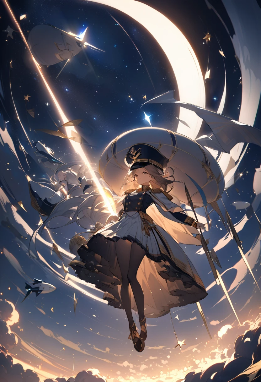 **Cinematic 8K image of a young, beautiful female airship captain from the Industrial Revolution era, floating midair. Full body shot from below. She gazes up in awe at a massive Zeppelin airship above her. Wearing a regal captain's uniform with brass buttons, epaulettes, and a decorated hat. Night scene with a luminous full moon and a canopy of twinkling stars. The Zeppelin emits a powerful beam of light engulfing the woman, lifting her skyward. Shimmering particles surround the floating figure. Dramatic lighting contrasts the rich, warm tones of her uniform against the cool night sky and silver Zeppelin. Professional movie-quality composition and lighting.