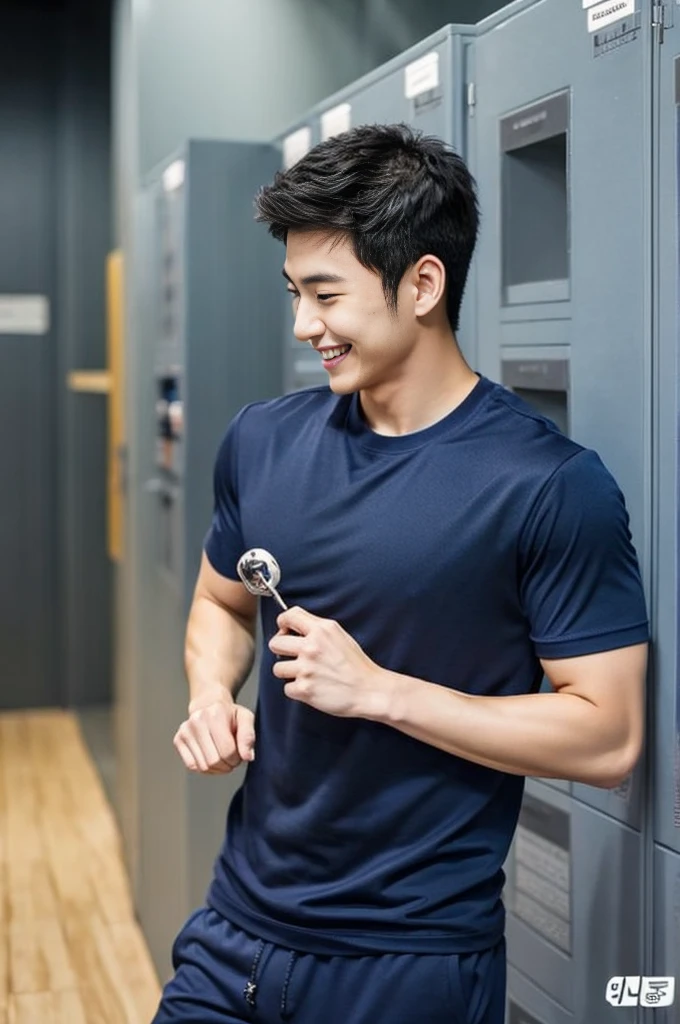 Korean man, Inspiration from Peng Yuyan, 23 years old, Korean muscular man ，The locker room is in the back, tight sports t-shirts, navy blue., open mouth smile