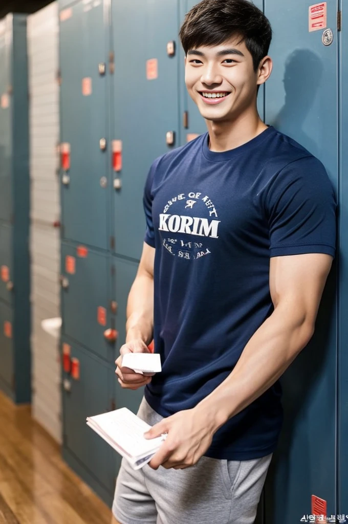 Korean man, Inspiration from Peng Yuyan, 23 years old, Korean muscular man ，The locker room is in the back, tight sports t-shirts, navy blue., open mouth smile