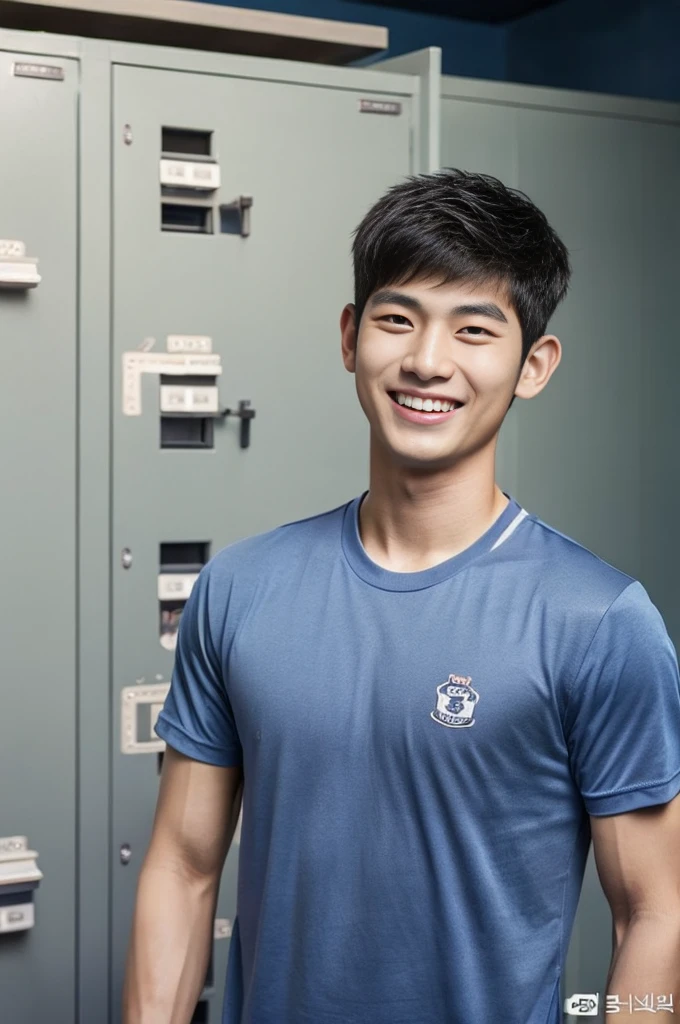 Korean man, Inspiration from Peng Yuyan, 23 years old, Korean muscular man ,The locker room is in the back, tight sports t-shirts, navy blue., open mouth smile