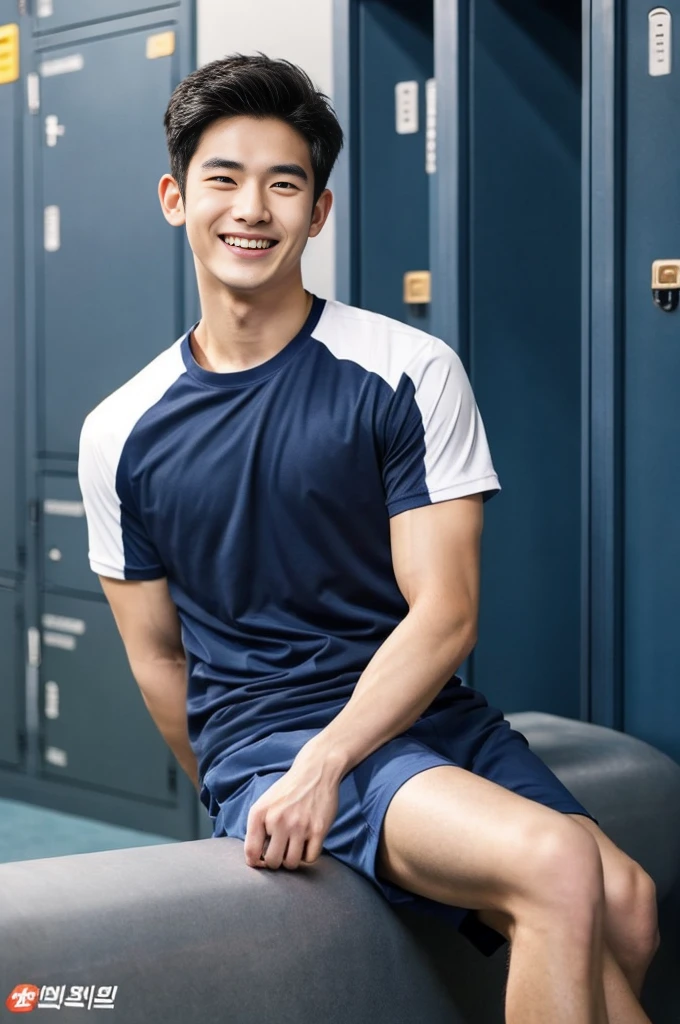 Korean man, Inspiration from Peng Yuyan, 23 years old, Korean muscular man ,The locker room is in the back, tight sports t-shirts, navy blue., open mouth smile
