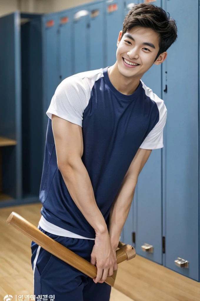 Korean man, Inspiration from Peng Yuyan, 23 years old, Korean muscular man ,The locker room is in the back, tight sports t-shirts, navy blue., open mouth smile