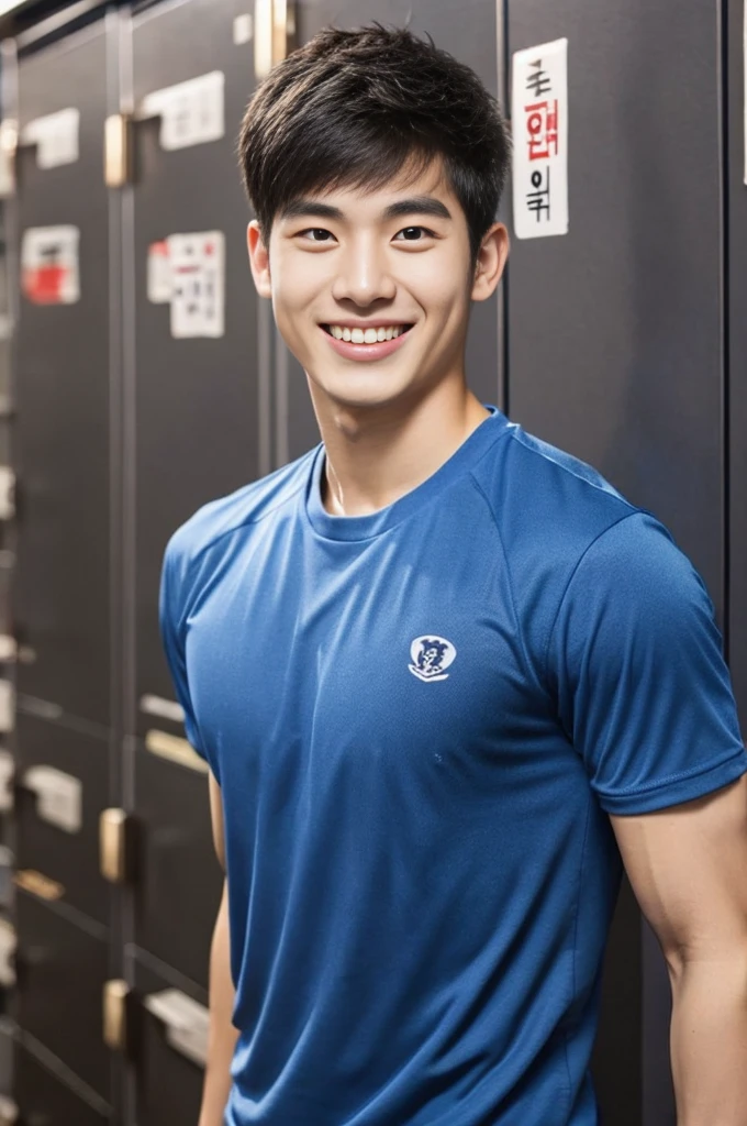 Korean man, Inspiration from Peng Yuyan, 23 years old, Korean muscular man ，The locker room is in the back, tight sports t-shirts, navy blue., open mouth smile