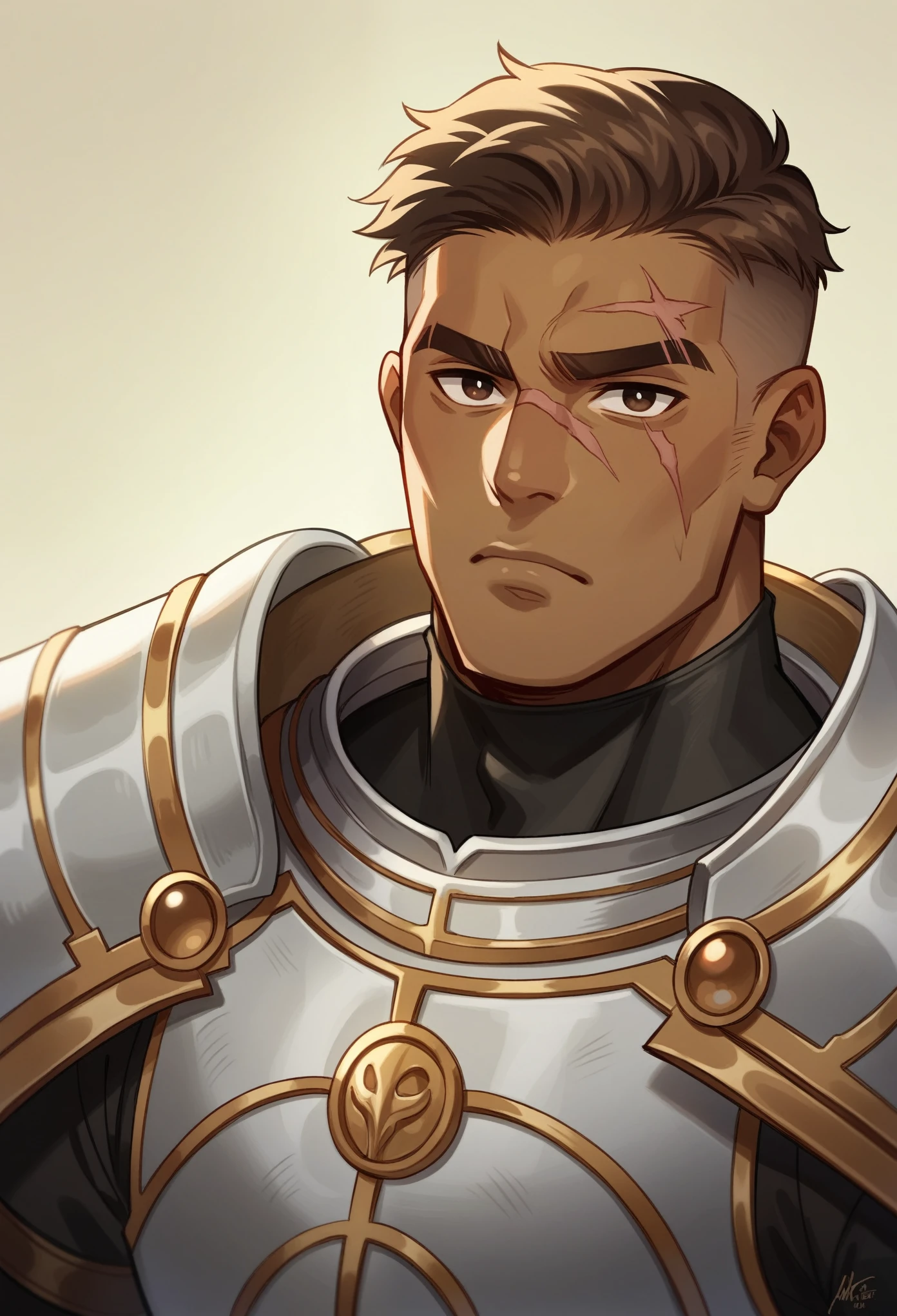 Warrior in white armor with runes, Male, Human, 45 years old, mesomorphic body, olive skin, caramel hair, medium hair length, ordinary hairstyle, rectangular face shape, wide-set eyes, thin lips, medium eyebrows, high arch eyebrows shape, large nose size, Greek nose shape, scar.