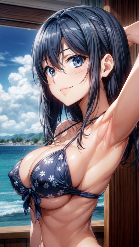 (Upper Body:1.3),anime,(masterpiece:1.4),(Beautiful Skin:1.4),Realistic, blue eyes,(Perfect female body:1.4),(curve,model,glamorous:1.4),(shiny oiled ski:1.3),(thin:1.3),(Browsing Caution:1.4),(Rounded breasts:1.4),(Beautiful breasts,Beautiful nipples:1.4),(Large Breasts:1.4),(nude:1.4),(Dark blue hair:1.4),(Bright colors:1.3),(Rimless Glasses),(Shoulder length:1.3),(arms behind head:1.4),(24-years-old),8k resolution, High quality CG, Beautiful CG,(slim:1.4),Soft Light,(smile:1.3),Ultra-high resolution,Highly detailed CG Unity 8k wallpaper,(美的animeの目:1.3),(Beautiful perfect bust),