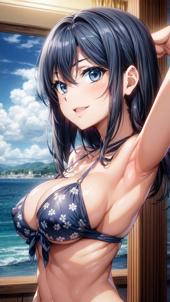 (Upper Body:1.3),anime,(masterpiece:1.4),(Beautiful Skin:1.4),Realistic, blue eyes,(Perfect female body:1.4),(curve,model,glamorous:1.4),(shiny oiled ski:1.3),(thin:1.3),(Browsing Caution:1.4),(Rounded breasts:1.4),(Beautiful breasts,Beautiful nipples:1.4),(Large Breasts:1.4),(nude:1.4),(Dark blue hair:1.4),(Bright colors:1.3),(Rimless Glasses),(Shoulder length:1.3),(arms behind head:1.4),(24-years-old),8k resolution, High quality CG, Beautiful CG,(slim:1.4),Soft Light,(smile:1.3),Ultra-high resolution,Highly detailed CG Unity 8k wallpaper,(美的animeの目:1.3),(Beautiful perfect bust),