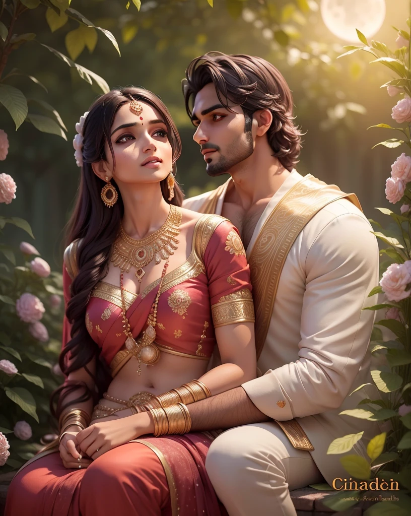 a Beautiful Indian couple of handsome men and beautiful women, romantic pose, in big moon night, dinner in garden, soothing tones, muted colors, high contrast, (natural skin texture, hyperrealism, soft light, sharp, full body), Beautiful background,simple background,