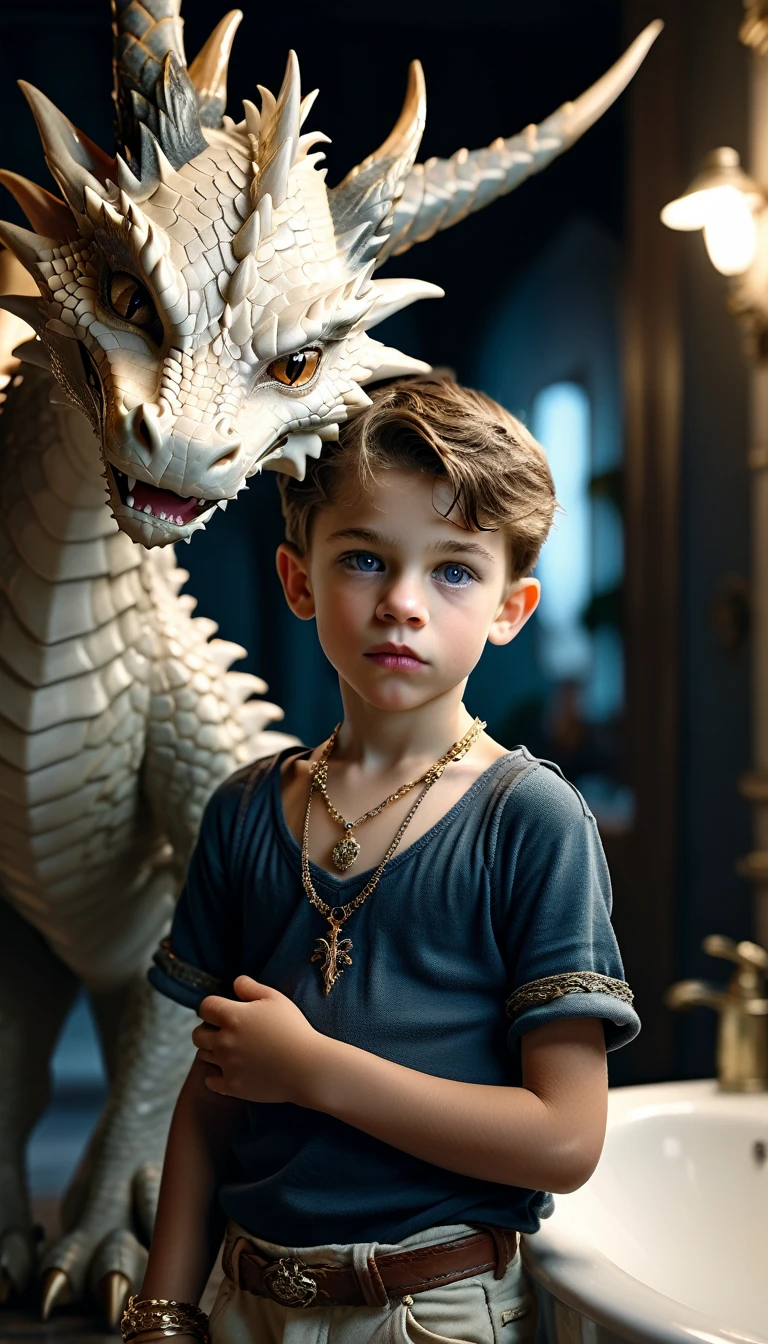 Surrealism:1.5, looking at the camera, Bokeh,, Carjacking, High-quality DSLR snapshots, High-definition film grain photo taken at f/16, ISO 100, With 200mm lens, Global Illumination, FibonacciUNDERWEAR, SHORTS, PANTS, AS TOM HOLLAND, (((LITTLE CUTE YOUNG BOY))), (fantasy art), 1 boy, about ,, IN BATHROOM, AI NIGHT, NO LIGHT, , beautiful, perfect face, sweet face, with a fantastic big white dragon, dark eyes, fantastic clothes with bare arms and legs , medium mane dark hair, fantastic hairstyle, necklaces and bracelets,, fantasy, (masterpiece, photorealistic, absurd), dappled sunlight, studio lighting, ((on neutral dark gray background)),, IN CASTLE,