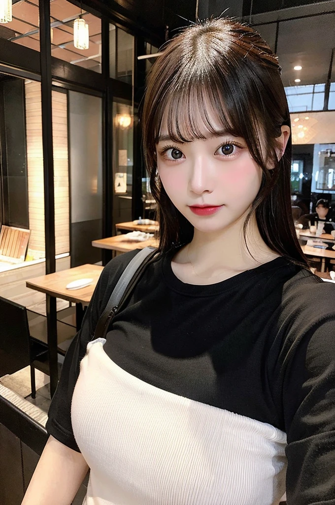 masterpiece, Highest quality, Super detailed, sexy, Selfie, whole body, In the middle, front, Izakaya, Beautiful woman, alone, Black T-shirt, Beautiful Eyes, White skin, Large Breasts, Holding a glass