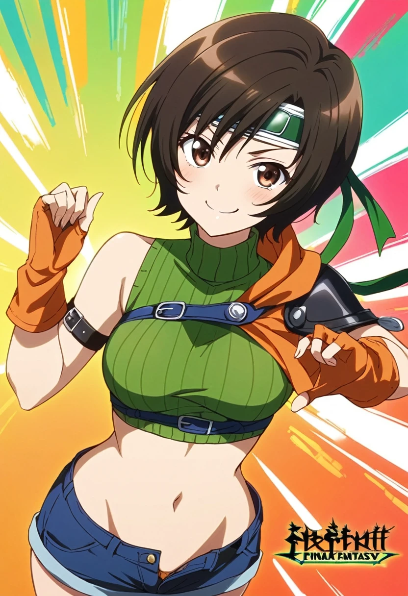 score_9, score_8_up, score_7_up,,BREAK source_anime, from front,front view,,top angle .upperbody:1.3,,looking_at_viewer,1girl, yuffie kisaragi, final fantasy, short hair,headband,navel,sleeveless,turtleneck,brown eyes,sleeveless turtleneck,solo,breasts,looking at viewer,smile,gloves,crop top,brown hair,shorts,midriff,,sweater,open fly,fingerless gloves,ribbed sweater,medium breasts,,smile,smug,(best quality),(aesthetic,very aesthetic),masterpiece,(high-resolution), (),(superior contrast.ultra sharp).self lifting,