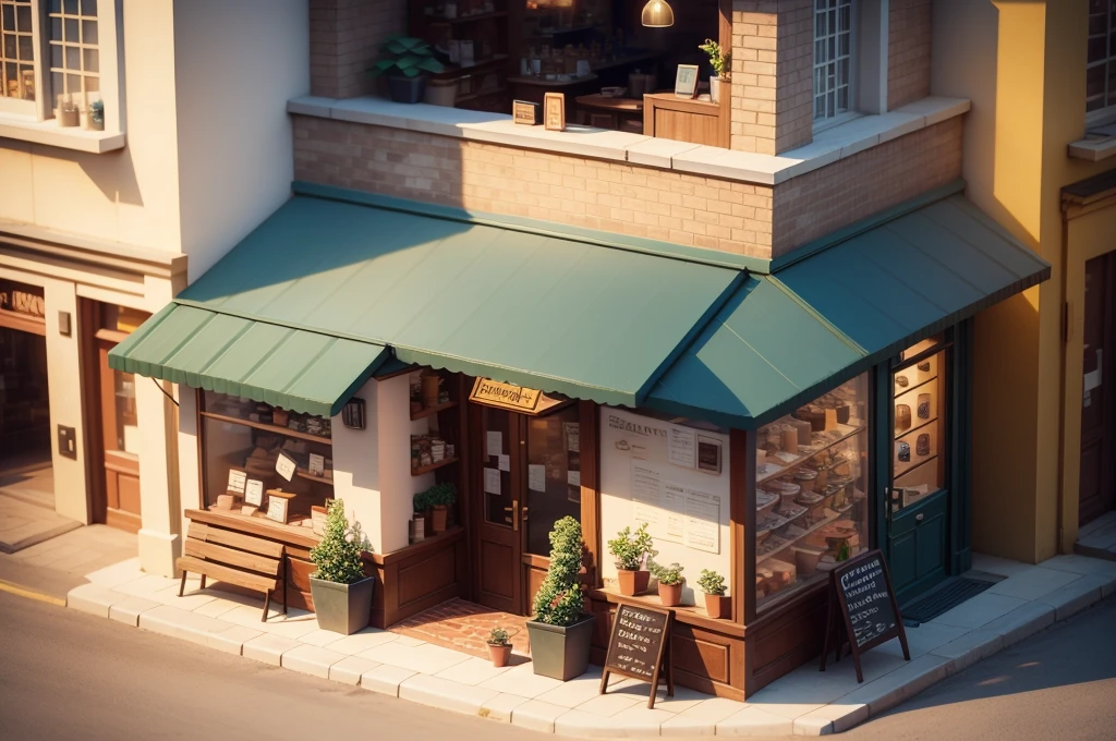 Small building in coffee shop，There are coffee signs and street lights, Isometric Art, 3D Isometric, Isometric pixel art，Isometric style