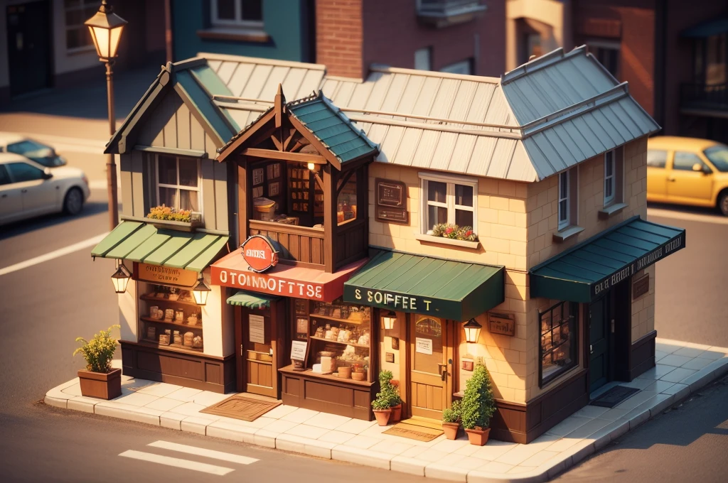 Small building in coffee shop,There are coffee signs and street lights, Isometric Art, 3D Isometric, Isometric pixel art,Isometric style