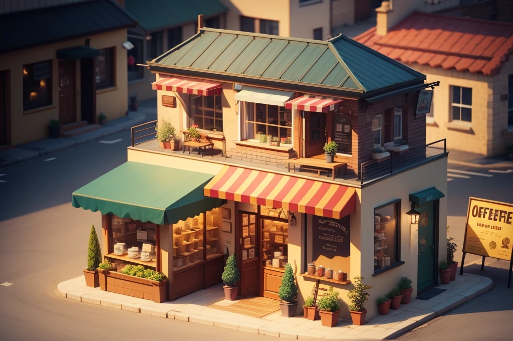Small building in coffee shop,There are coffee signs and street lights, Isometric Art, 3D Isometric, Isometric pixel art,Isometric style