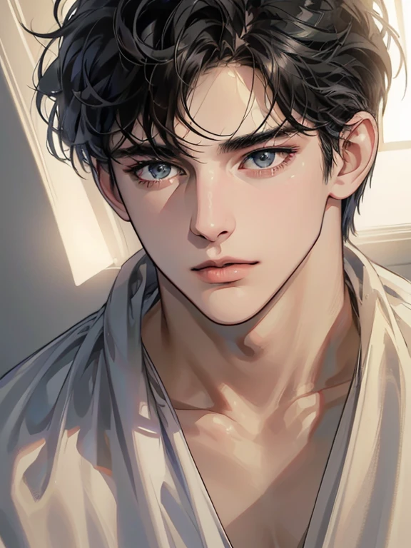 (best quality digital art digital illustration 4k high resolution beautiful image hyper-detailed image perfect lines soft lighting night environment focus face soft zoom) (1:1 photorealistic) (neutral colors hdr 1.4) a young adult man (thoughtful expression) black and white modern clothes black eyes medium black hair