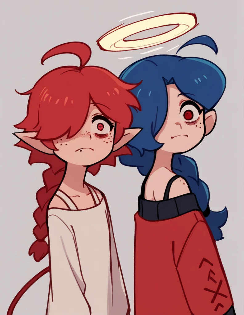 zPDXL, score_9, score_8_up, score_7_up, source_anime, flat color, 2girls, stkyswt, sketch, back-to-back, (Lynn, red hair, red eyes, (hair over one eye), braided ponytail, halo, freckles, bags under eyes, jitome, ahoge, pointed ears, flat chest, eyepatch), sweater, long skirt, white pantyhose, portrait,
zPDXL, score_9, score_8_up, score_7_up, source_anime, flat color, 2girls, stkyswt, sketch, back-to-back, (Zhuu, blue hair, red eyes, pointed ears, red horns, horns, demon tail, small breasts, fangs out, double bun, short hair, blunt bangs), tank top, (skirt), black pantyhose, portrait,