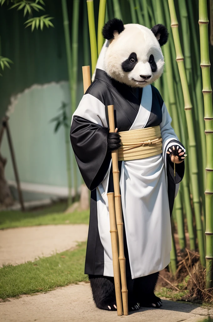 panda, wearing kimono, holding a bamboo stick