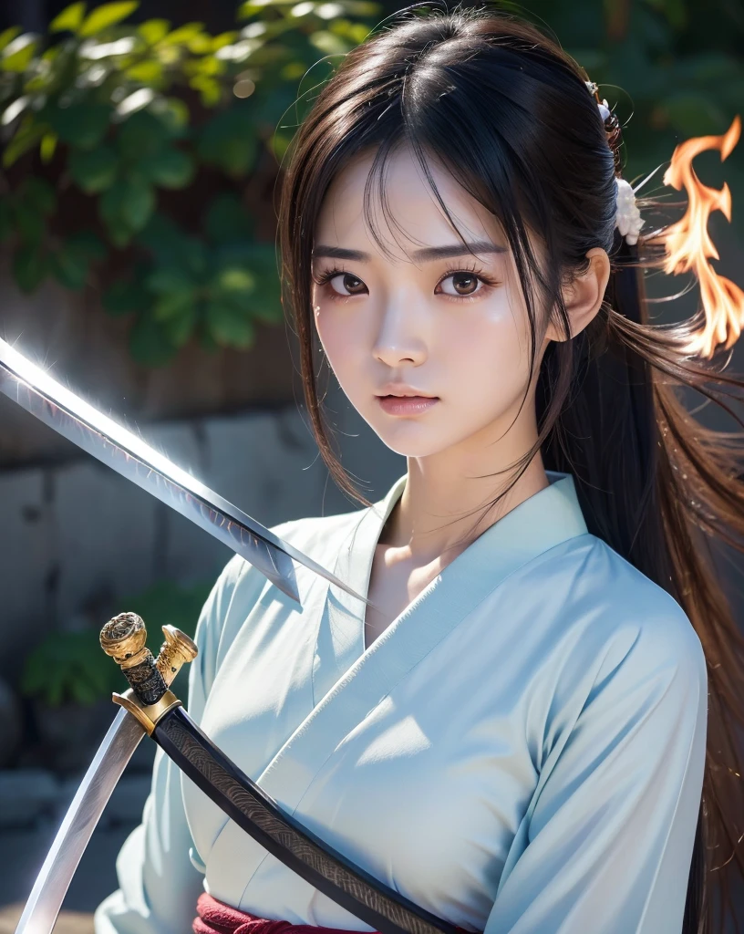 (Highest quality, 32k, High resolution, masterpiece:1.5, ), internal_jet, (Highest quality, 32k, High resolution, masterpiece:1.5, ), marimo_jet, god々A photograph with brilliant dazzling power and the power to exorcise demons.,A female samurai who uses her inner strength in her sword to exorcise darkness., Expressing emotions, Have a rich imagination, Beautiful Japanese Girls, ((Traditional Japanese street burns down:1.2)), An exceptionally beautiful face, Small Face Beauty, ((Bust Shot)), Perfect Human ???????, Magical big eyes, Motherhood and generosity, Deep Love, A look of conviction, Shiny black hair, Ponytail swaying in the wind, Asymmetrical bangs, Hair between the eyes, transparent, Soft white skin, Sharp eyebrows, Thin lashes, Natural Makeup, Cheek Highlighter, Detailed lips, ((Swordsman with a Japanese sword:1.4)), ((Background of a burning flame in a dark night:1.1)), Professional Lighting, Professional Photographer, Professional Model, god秘的