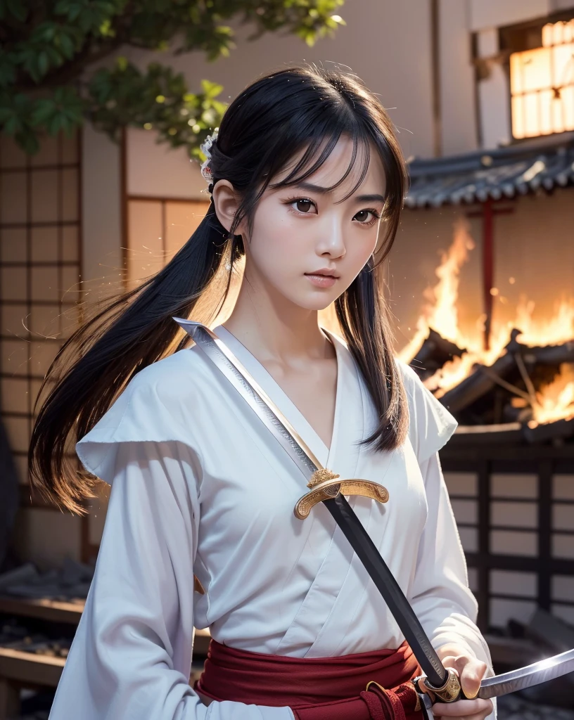 (Highest quality, 32k, High resolution, masterpiece:1.5, ), internal_jet, (Highest quality, 32k, High resolution, masterpiece:1.5, ), marimo_jet, god々A photograph with brilliant dazzling power and the power to exorcise demons.,A female samurai who uses her inner strength in her sword to exorcise darkness., Expressing emotions, Have a rich imagination, Beautiful Japanese Girls, ((Traditional Japanese street burns down:1.2)), An exceptionally beautiful face, Small Face Beauty, ((Bust Shot)), Perfect Human Anatomy, Magical big eyes, Motherhood and generosity, Deep Love, A look of conviction, Shiny black hair, Ponytail swaying in the wind, Asymmetrical bangs, Hair between the eyes, transparent, Soft white skin, Sharp eyebrows, Thin lashes, Natural Makeup, Cheek Highlighter, Detailed lips, ((Swordsman with a Japanese sword:1.4)), ((Background of a burning flame in a dark night:1.1)), Professional Lighting, Professional Photographer, Professional Model, god秘的