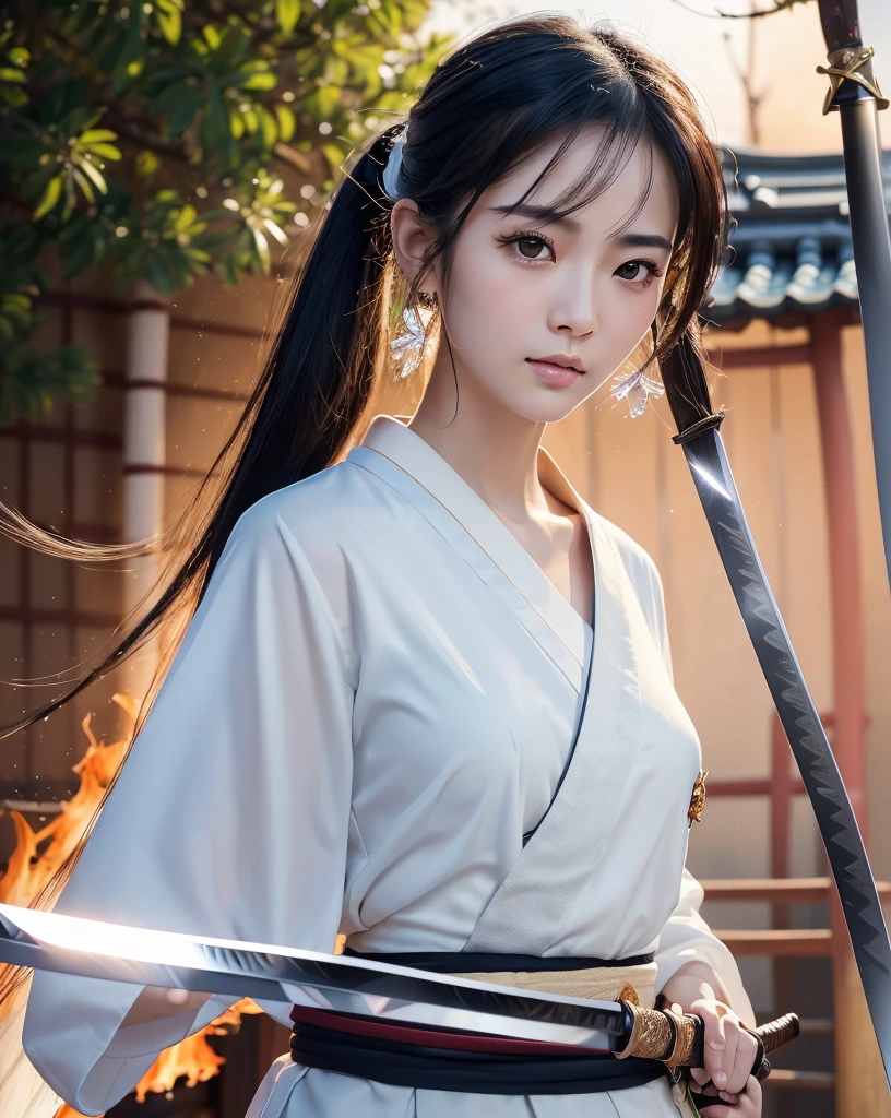 (Highest quality, 32k, High resolution, masterpiece:1.5, ), internal_jet, (Highest quality, 32k, High resolution, masterpiece:1.5, ), marimo_jet, god々A photograph with brilliant dazzling power and the power to exorcise demons.,A female samurai who uses her inner strength in her sword to exorcise darkness., Expressing emotions, Have a rich imagination, Beautiful Japanese Girls, ((Traditional Japanese street burns down:1.2)), An exceptionally beautiful face, Small Face Beauty, ((Bust Shot)), Perfect Human Anatomy, Magical big eyes, Motherhood and generosity, Deep Love, A look of conviction, Shiny black hair, Ponytail swaying in the wind, Asymmetrical bangs, Hair between the eyes, transparent, Soft white skin, Sharp eyebrows, Thin lashes, Natural Makeup, Cheek Highlighter, Detailed lips, ((Swordsman with a Japanese sword:1.4)), ((Background of a burning flame in a dark night:1.1)), Professional Lighting, Professional Photographer, Professional Model, god秘的