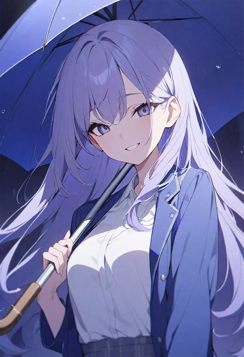 One girl、Anime Style、Blue-grey eyes and hair、Big Eyes、Eye highlightedium Hair、White shirt、Navy blue jacket、Beautiful indigo rain background、smile、highest quality、Masterpiece、I have an umbrella
