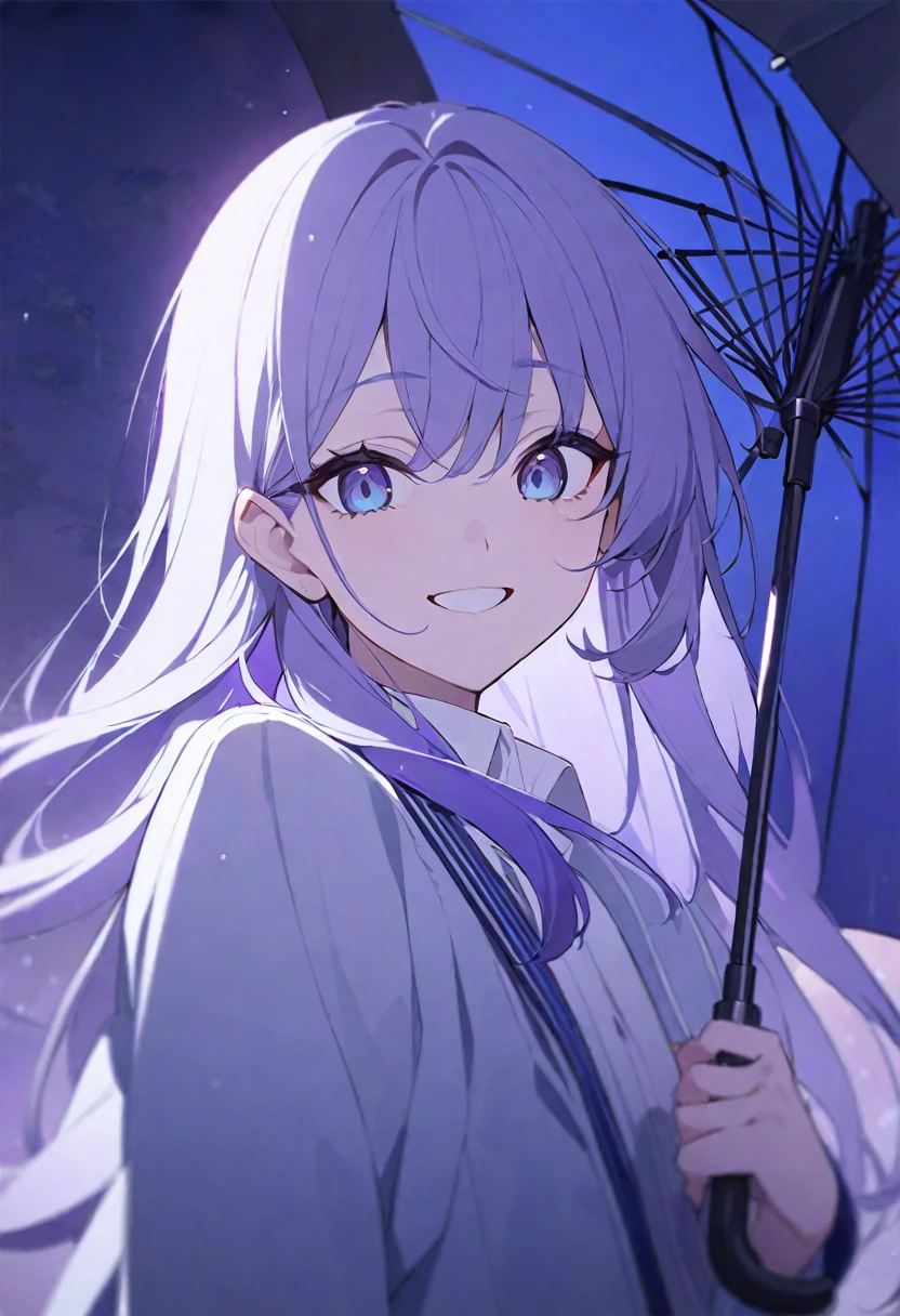 One girl、Anime Style、Blue-grey eyes and hair、Big Eyes、Eye highlightedium Hair、White shirt、Navy blue jacket、Beautiful indigo rain background、smile、highest quality、Masterpiece、I have an umbrella