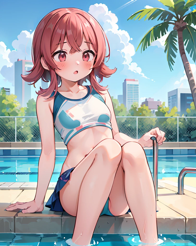 Kaho Komiya,Outdoor,((Pool,White School Swimwear,just))(Highest quality), (masterpiece), (High resolution), original, Very detailed8K壁紙,((Very detailed)), Very detailed,(1 girl, alone:1.2), (blush:1.2),,,((High resolution)),(Small breasts:1.10),(Highest quality:1.2)Small breasts, Angle from below