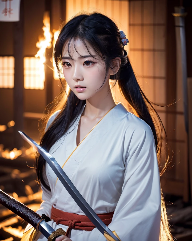 (Highest quality, 32k, High resolution, masterpiece:1.5, ), internal_jet, (Highest quality, 32k, High resolution, masterpiece:1.5, ), marimo_jet, god々A photograph with brilliant dazzling power and the power to exorcise demons.,A female samurai who uses her inner strength in her sword to exorcise darkness., Expressing emotions, Have a rich imagination, Beautiful Japanese Girls, ((Traditional Japanese street burns down:1.2)), An exceptionally beautiful face, Small Face Beauty, ((Bust Shot)), Perfect Human Anatomy, Magical big eyes, Motherhood and generosity, Deep Love, A look of conviction, Shiny black hair, Ponytail swaying in the wind, Asymmetrical bangs, Hair between the eyes, transparent, Soft white skin, Sharp eyebrows, Thin lashes, Natural Makeup, Cheek Highlighter, Detailed lips, ((Swordsman with a Japanese sword:1.4)), ((Background of a burning flame in a dark night:1.1)), Professional Lighting, Professional Photographer, Professional Model, god秘的