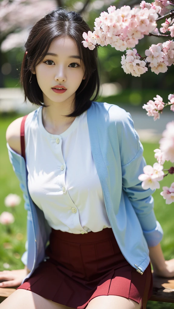 (((best quality, 8 thousand, masterpiece:1.4)), (20 year old woman), masterpiece, distinct, highres, high_quality, wide_shot, small_face, absurdly_short_hair, female, sagging_breasts, balancing, stretching, gentle_face, bare_shoulders, ((best quality)), ((masterpiece)), (detailed), perfect face, very big breasts, ultra high definition, 8k, perfect body, hud, Ergonomic, slim legs, small face, long eyelashes, Sparkling lips, eye for detail, clean skin, blemish-free face, japanese beauties, 20 year old woman, 1 woman, Sexy pelvis, (Huge, saggy breasts), Made by Sosaku, Cherry Blossom나무, sakura bloomimg, Cherry Blossom, sakura season, Cherry Blossom 나무 아래, sakura tree, Cherry Blossoms, Cherry Blossom falling, hungry ghost festival, Cherry Blossom tree, Cherry Blossom trees, Indigo skirt, jacket,