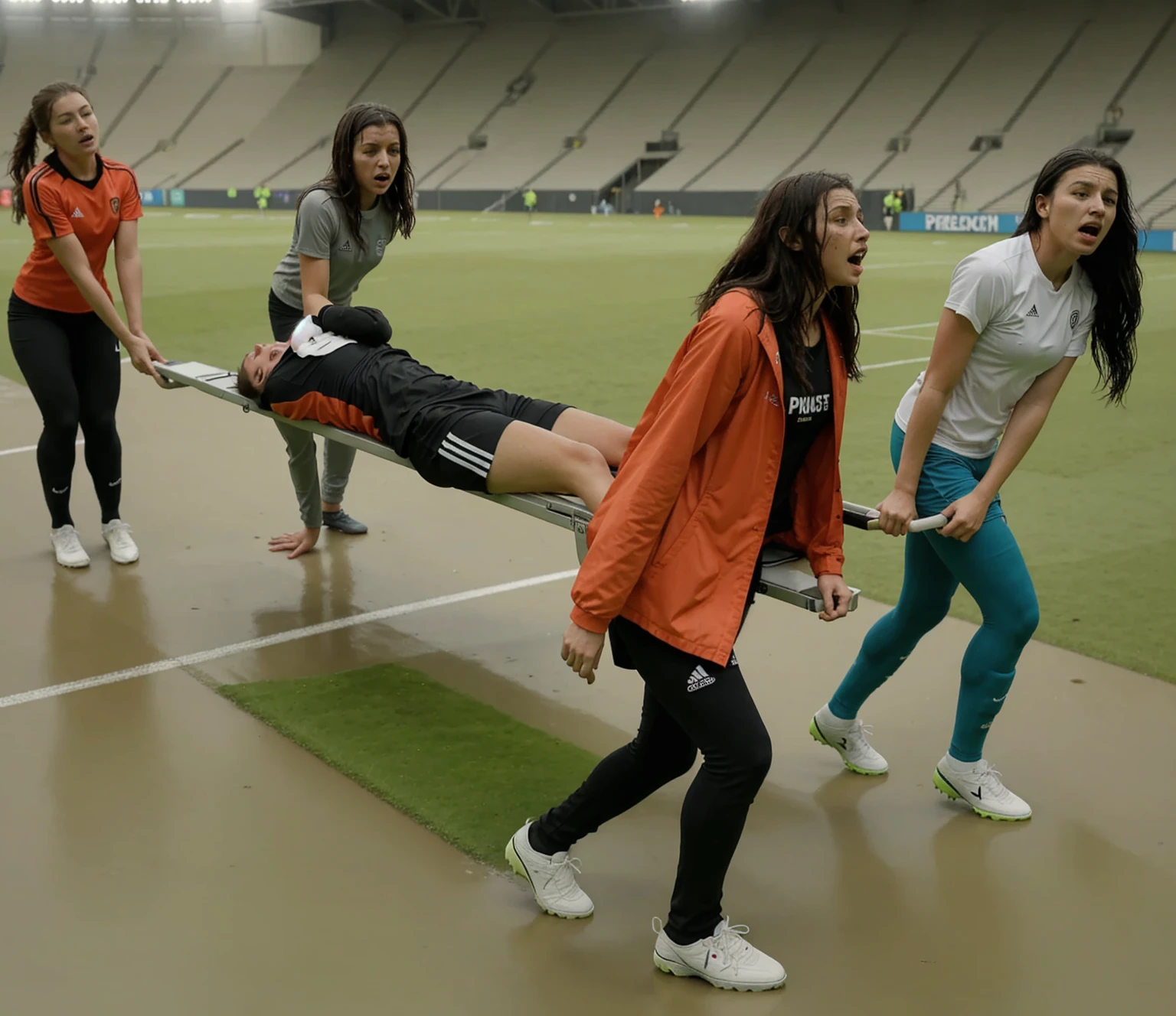 a soccer scene in a sports stadium, cool and wet weather conditions, humide ground, rainy sky, injury scene in a sports stadium, stretcher carry, there are four female medics carrying a stretcher, there are four female medics in very shiny coats who are carrying a stretcher in a sports stadium, there is a wounded male soccer player in a matte short cotton sports outfit lying on the stretcher, an injured male soccer player in matte cotton sportswear is lying in pain on a stretcher, a soccer player in matte cotton sports clothes is rearing up in intense pain while lying on a stretcher, dramatic scene, theatralic posing scene, dramatic pity scene, injury soccer, first aid, help, pity, there are four female medics in wetlook high-shine coats who are looking very sad and very terrified and very shocked, the injured soccer player is screaming out in pain while he is carried from the pitch on a stretcher