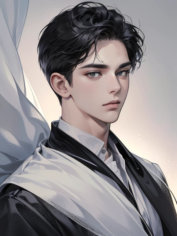 (best quality digital art digital illustration 4k high resolution beautiful image hyper-detailed image perfect lines soft lighting night environment focus face soft zoom) (1:1 photorealistic) (neutral colors hdr 1.4) a young adult man (thoughtful expression) black and white modern clothes black eyes medium black hair
