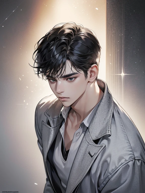 (best quality digital art digital illustration 4k high resolution beautiful image hyper-detailed image perfect lines soft lighting night environment focus face soft zoom) (1:1 photorealistic) (neutral colors hdr 1.4) a young adult man (thoughtful expression) black and white modern clothes black eyes medium black hair