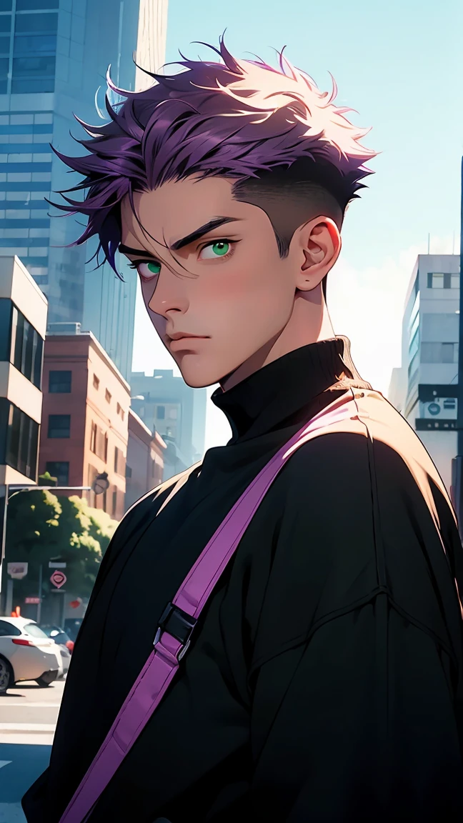 highest quality, 8K, high resolution image, anime style Jujutsu Kaisen, (Ryomen Sukuna), detailed strokes, bored look , blurred, purple light reflecting from it, (close angle), 1 man, young, male, model, hand in pocket, cool guy, multicolored Background with various geometric shapes, around stickers, muscular, dark pink hair, spiky hair , short Hair, swollen chest, green Eyes, withe shirt, black sweater, sweatpants, Background: big City, Streets, Park, People, blue sky, Cars, Bike