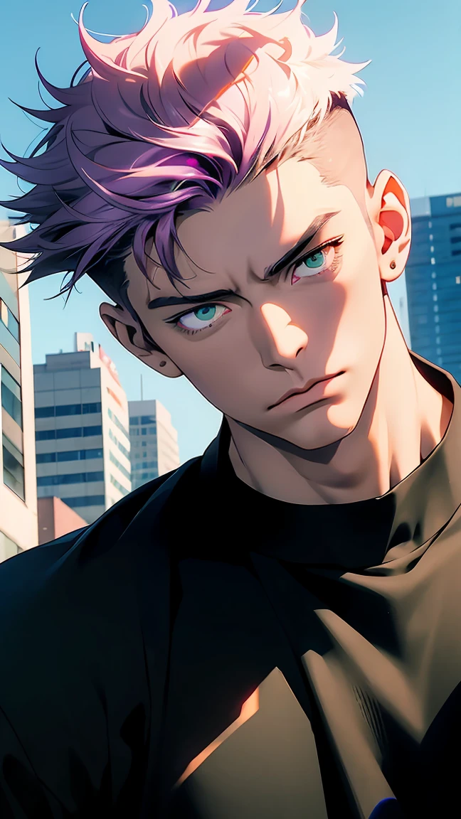 highest quality, 8K, high resolution image, anime style Jujutsu Kaisen, (Ryomen Sukuna), detailed strokes, bored look , blurred, purple light reflecting from it, (close angle), 1 man, young, male, model, hand in pocket, cool guy, multicolored Background with various geometric shapes, around stickers, muscular, dark pink hair, spiky hair , short Hair, swollen chest, green Eyes, withe shirt, black sweater, sweatpants, Background: big City, Streets, Park, People, blue sky, Cars, Bike
