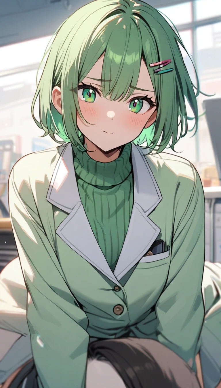 1boy , short green hair , hair clips , , light green sweater with white blazer on top ,