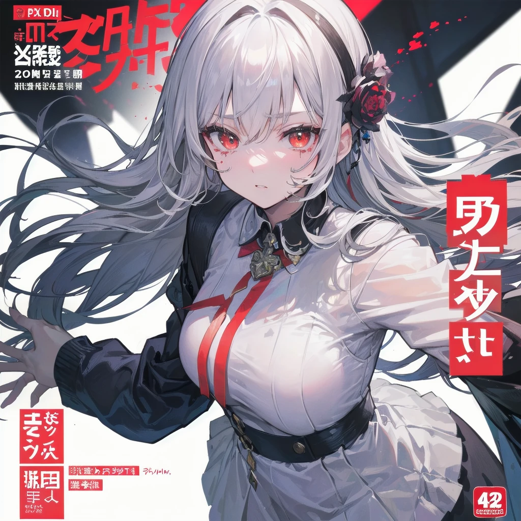 千年に一度のmasterpiece, A photo that can never be taken again, 不条理なHigh resolution, (Expressionless), (Red tears flow from the eyes:1.2), vampire, woman, Silver Hair, Red eyes, Big eyes that draw you in, White clothes, Red dyed clothes,There are red spots all over, Red from the mouth,Cowboy Shot、From above、Tabletop、White sweater，（ change）Moderate, Separate Color，bs shoulder, Blushed，(Gray Hair), White Gloves，White boots，dirty，Torn clothes，Clothing that shows blood:1.3),, ((((dramatic))), (((Grainy))), (((intense))) film poster featuring a young platinum white hair woman as the central character. She stands have confidencely in the center of the poster, wearing a stylish and edgy Harajuku-inspired hip hop Costume, with a determined Performance on her face. The background is aesthetic atmospheric dark and Grainy, With danger and tension. The article is bold and to attract attention, with a Catchy tagline that adds to the overall feeling of drama and excitement. The color palette is mainly dark with splashes of Vibrant neon colors, giving the poster a dynamic and visually impressive appearance,tachi-e (magazine:1.3), (cover-style:1.3), fashionable, woman, Vibrant, Costume, Sexy seductive poses, front, colorful, dynamic, background, element, have confidence, Performance, Holding, statement, accessories, Majestic, Coiled, The surrounding area, touch, scene, article, cover, bold, to attract attention, title, stylish, font, Catchy, Heading, big, impressive, Modern, trend, concentrated, fashion,(Highest quality、masterpiece、High resolution、8k)、Vibrant colors、woman1名、Long black hair、whole body、barefoot、thin、(Detailed face、Beautiful Eyes、Beautiful Nose、Pretty lips)、白いドレスを着たwomanが高くジャンプする、Official Art、blue sky、Wide sandy beach、Wide forest、