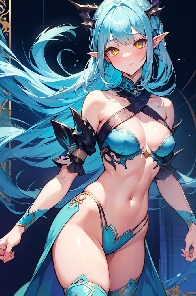 (beautiful and aesthetic:1.2), (1girl), extreme detailed,(fractal art:1.3), cute young girl, light blue hair, long hair, small braids hair, yellow eyes, elf ears, dragon tail, dragon thorn, muscular body, small breast, sexy outfit, smile, blush, room